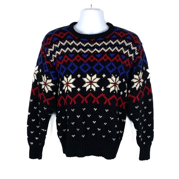 Vintage 80s Eddie Bauer 100% Wool Sweater Fair Isle Ski Men M Black Label Nordic - Picture 4 of 16